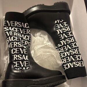 Versace Monochrome Knit Logo Boots